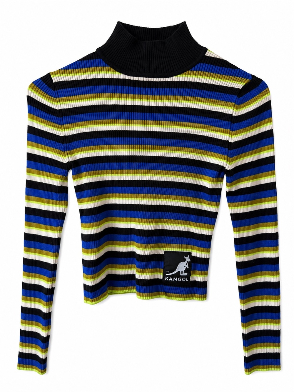 Kangol Ribbed Cropped Turtleneck Sweater in Black, Blue & Yellow